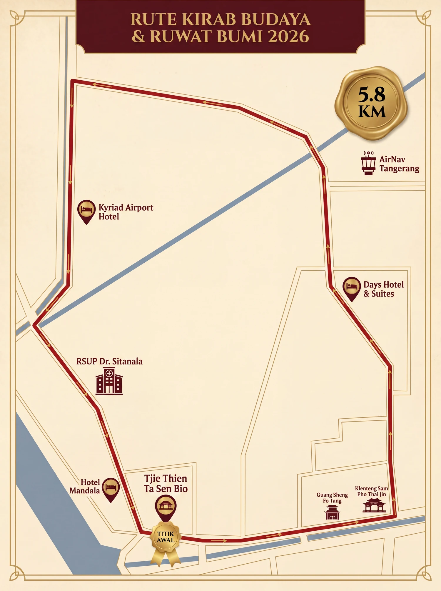 Peta rute Kirab Budaya & Ruwat Bumi 2026 keliling Kota Tangerang